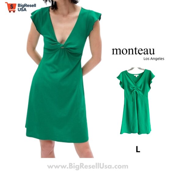 MONTEAU |  V Neck  Flutter Sleeve Rusched Bodice Dress Green  L - Picture 1 of 6